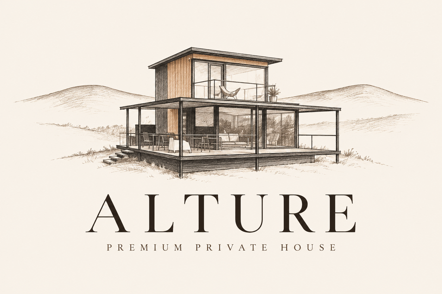 Az ALTURE faház részletes ceruzarajza, dombvonallal és ALTURE – Premium Private House felirattal